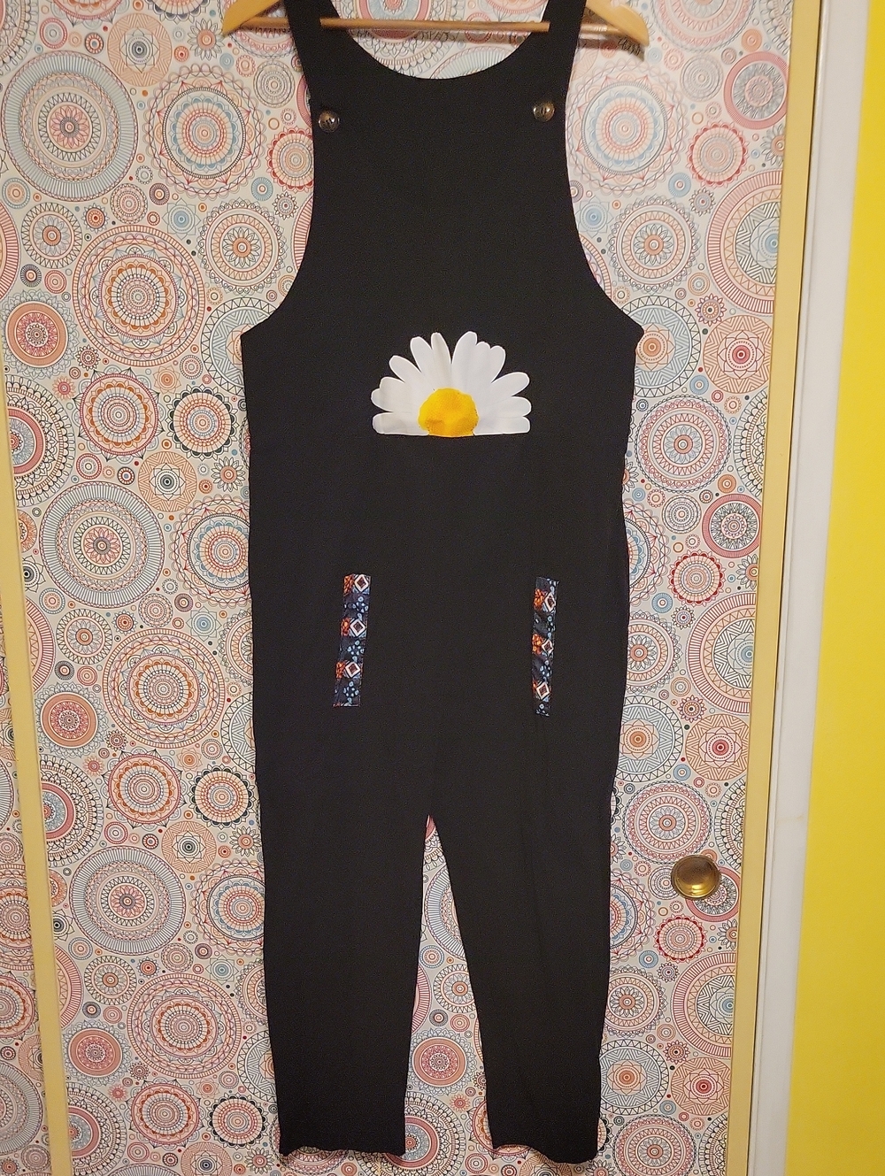 Black Overalls with Daisy Applique